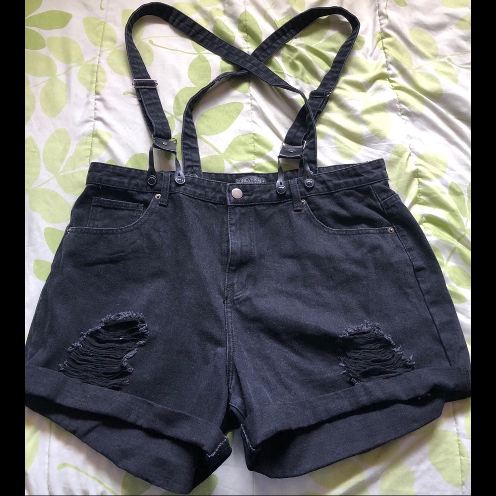 Black Distressed Suspender Shorts